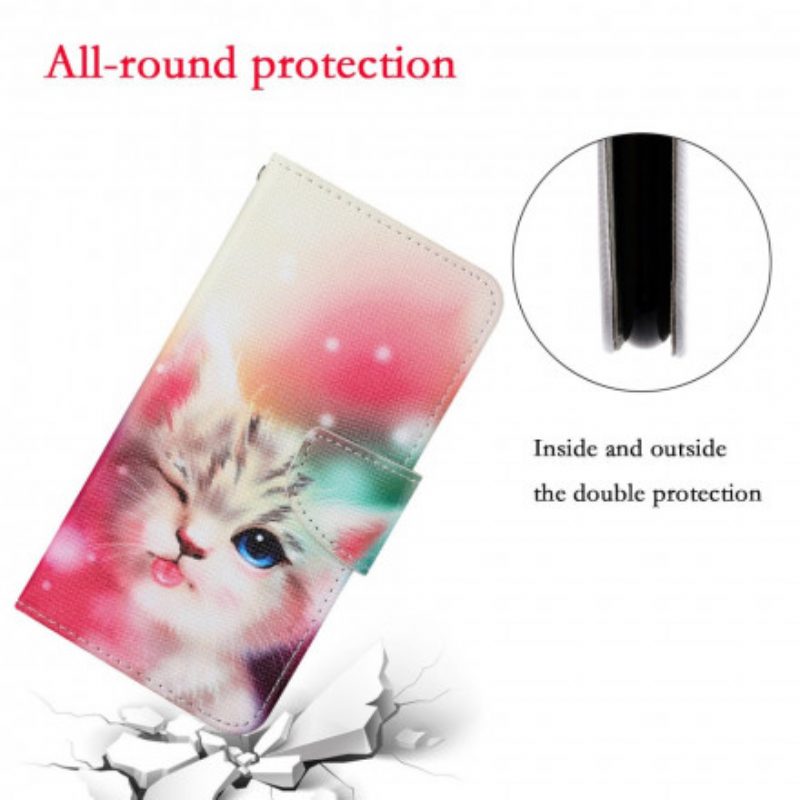Custodia in pelle Samsung Galaxy A22 Gatto Carino Con Cordino
