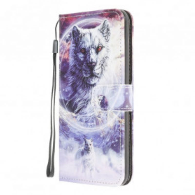 Custodia in pelle Samsung Galaxy A22 Lupo In Inverno Con Cordino