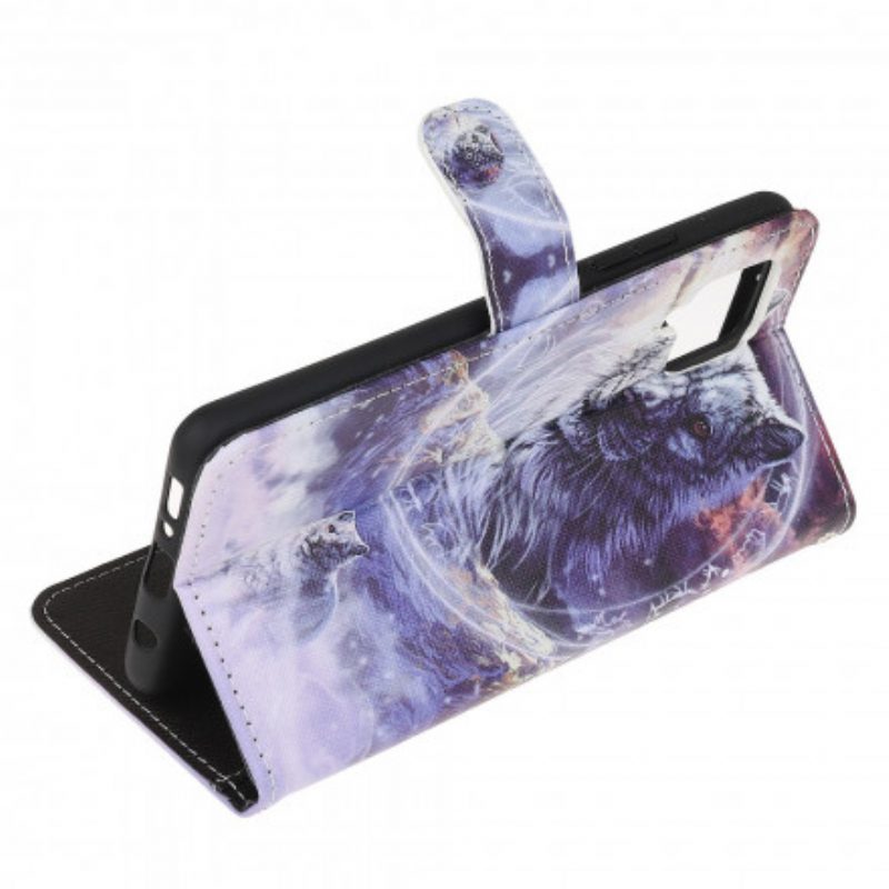 Custodia in pelle Samsung Galaxy A22 Lupo In Inverno Con Cordino