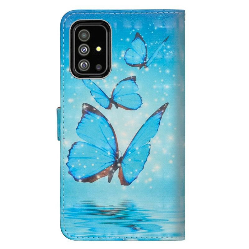 Custodia in pelle Samsung Galaxy A71 Farfalle Blu Volanti