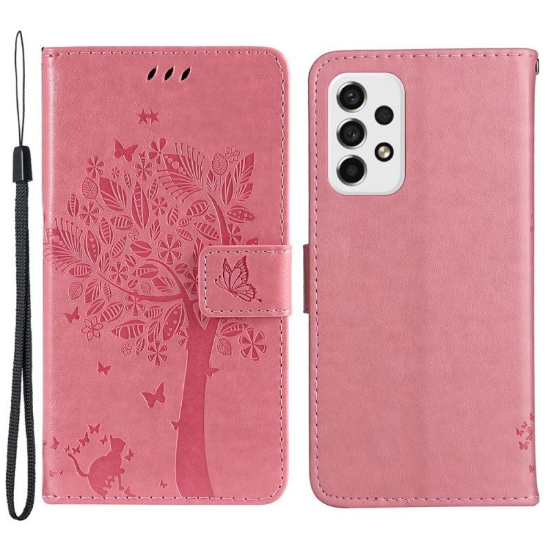 Custodia A Portafoglio Samsung Galaxy A53 5G Albero E Gatto Strappy