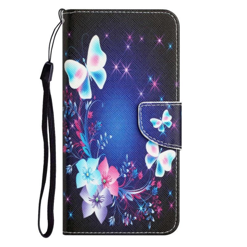 Custodia A Portafoglio Samsung Galaxy A53 5G Farfalle Fatate Con Cordino