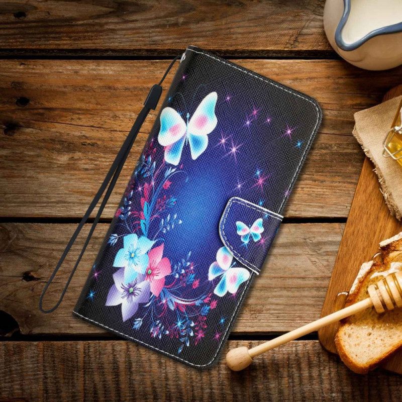 Custodia A Portafoglio Samsung Galaxy A53 5G Farfalle Fatate Con Cordino