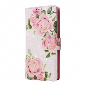 Custodia in pelle Samsung Galaxy A53 5G Fiori Rfid Con Cordino