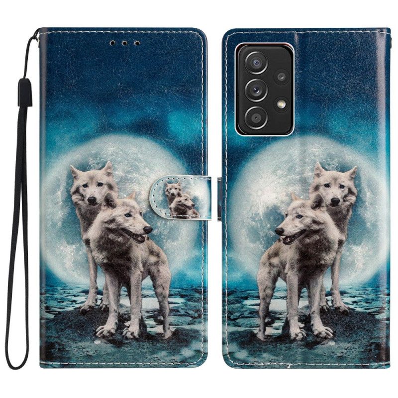 Custodia in pelle Samsung Galaxy A53 5G Lupi Al Chiaro Di Luna Con Cordino