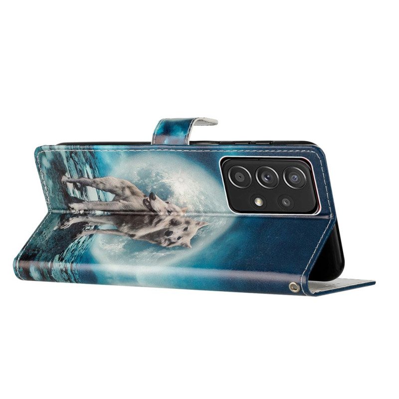 Custodia in pelle Samsung Galaxy A53 5G Lupi Al Chiaro Di Luna Con Cordino