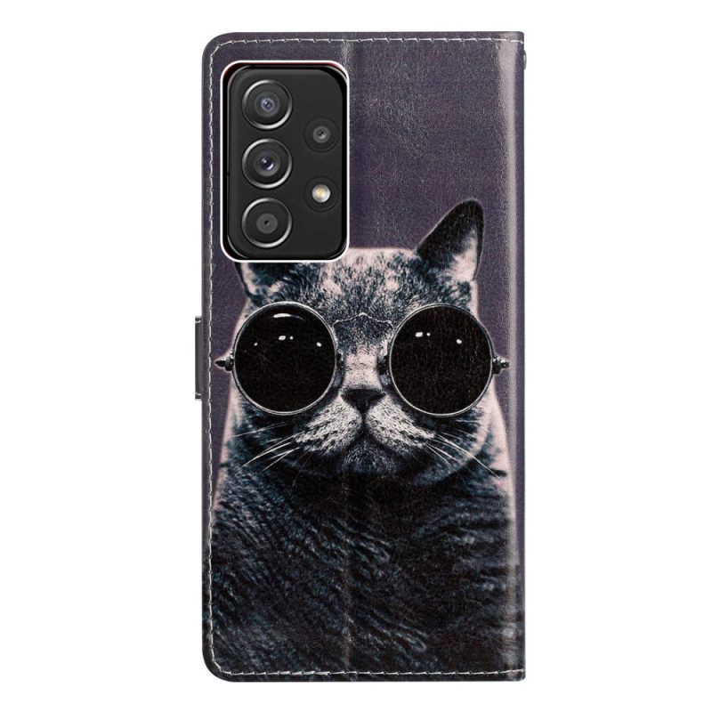 Custodia in pelle Samsung Galaxy A53 5G Occhiali Gatto Con Cordino