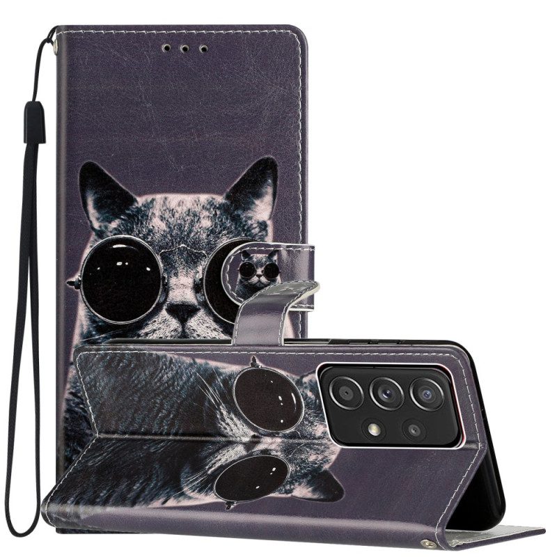 Custodia in pelle Samsung Galaxy A53 5G Occhiali Gatto Con Cordino