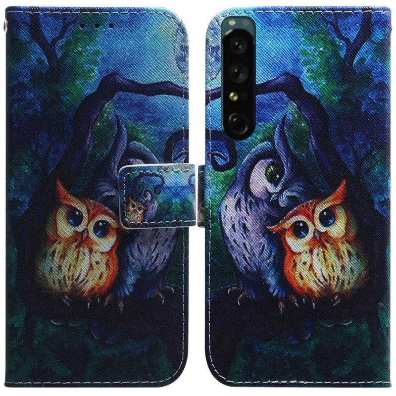 Custodia in pelle Sony Xperia 1 IV Pittura Gufi
