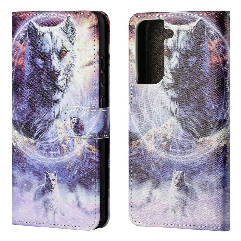 Custodia A Portafoglio Samsung Galaxy S21 FE Lupo In Inverno Con Cordino