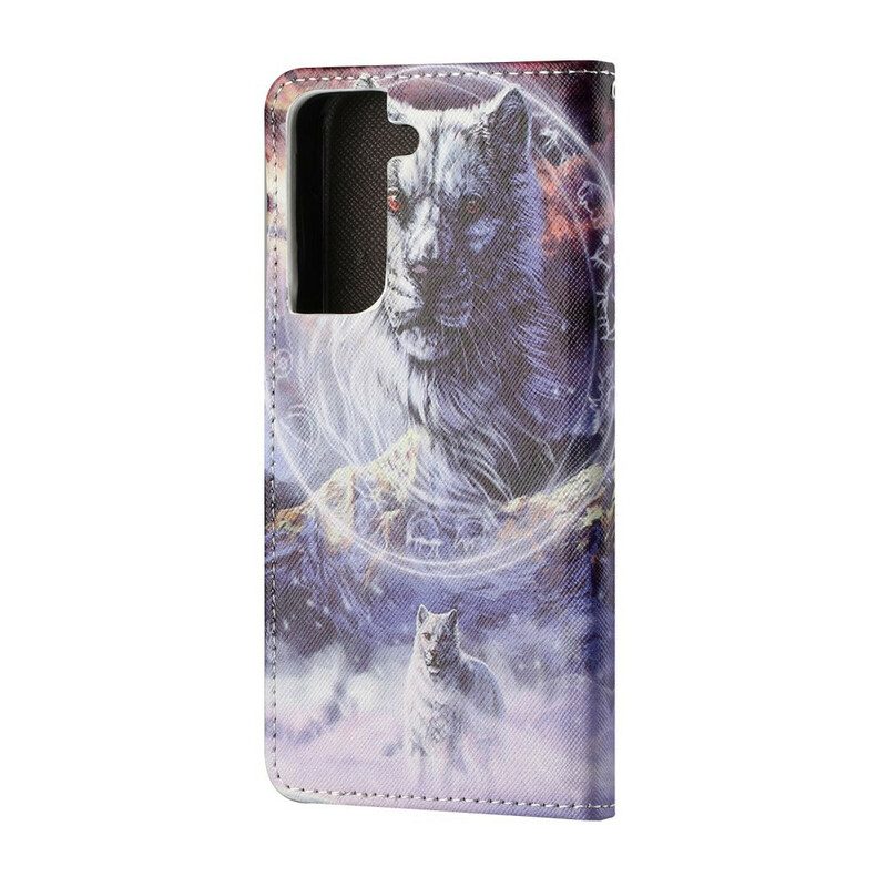 Custodia A Portafoglio Samsung Galaxy S21 FE Lupo In Inverno Con Cordino