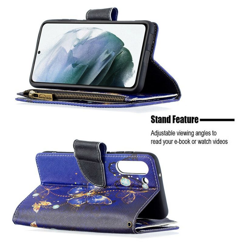 Custodia in pelle Samsung Galaxy S21 FE Farfalle Farfalle Astuccio Con Zip