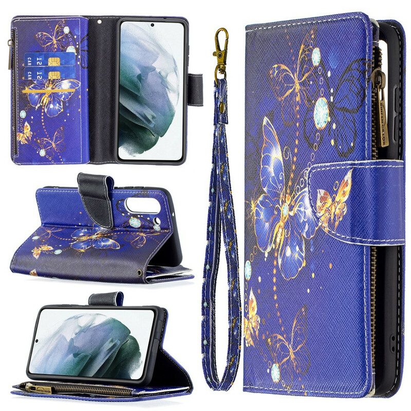 Custodia in pelle Samsung Galaxy S21 FE Farfalle Farfalle Astuccio Con Zip