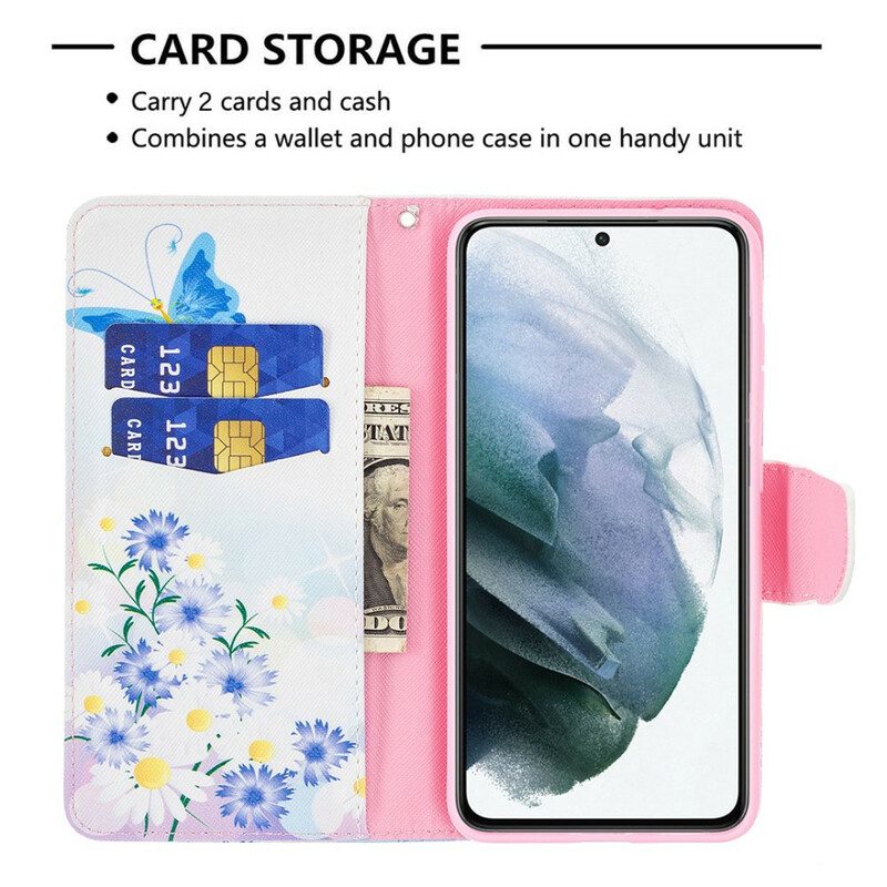 Custodia in pelle Samsung Galaxy S21 FE Farfalle E Fiori Dipinti