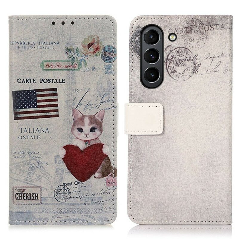 Custodia in pelle Samsung Galaxy S21 FE Gatto Viaggiatore