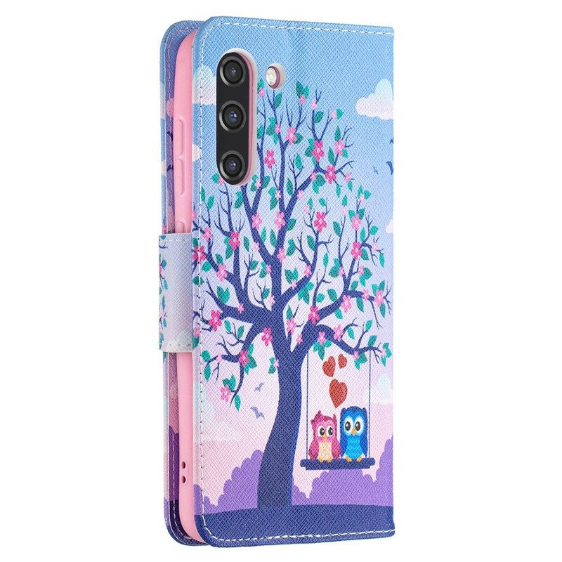 Custodia in pelle Samsung Galaxy S21 FE Gufi Sull'altalena