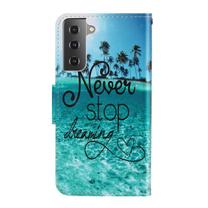 Custodia in pelle Samsung Galaxy S21 FE Non Smettere Mai Di Sognare Navy Strappy