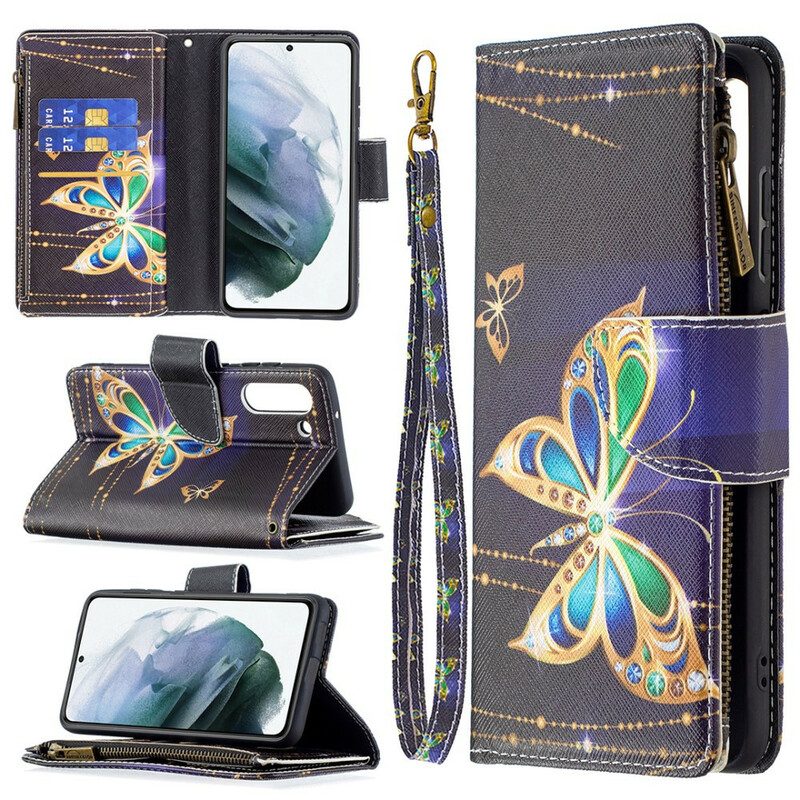 Custodia in pelle Samsung Galaxy S21 FE Tasca Con Cerniera Per Farfalle