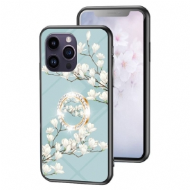 Cover iPhone 15 Pro Max Vetro Temperato Floreale Con Anello Di Supporto