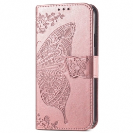 Custodia in pelle iPhone 15 Pro Max Farfalla Barocca Con Cinturino