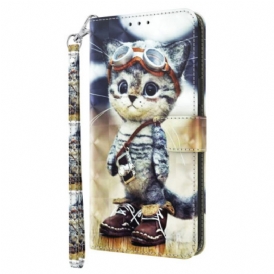 Custodia in pelle iPhone 15 Pro Max Gatto Aviatore Con Cinturino