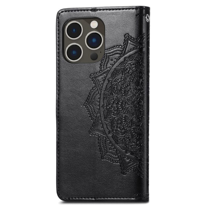 Custodia in pelle iPhone 15 Pro Max Mandala Barocco Con Cinturino