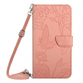 Custodia in pelle Oppo Reno 7 Farfalle E Tracolla