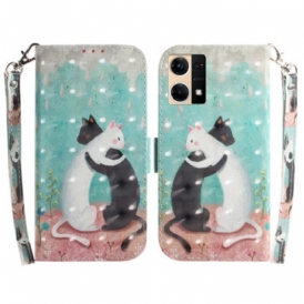 Custodia in pelle Oppo Reno 7 Gatto Nero Gatto Bianco Con Cinturino