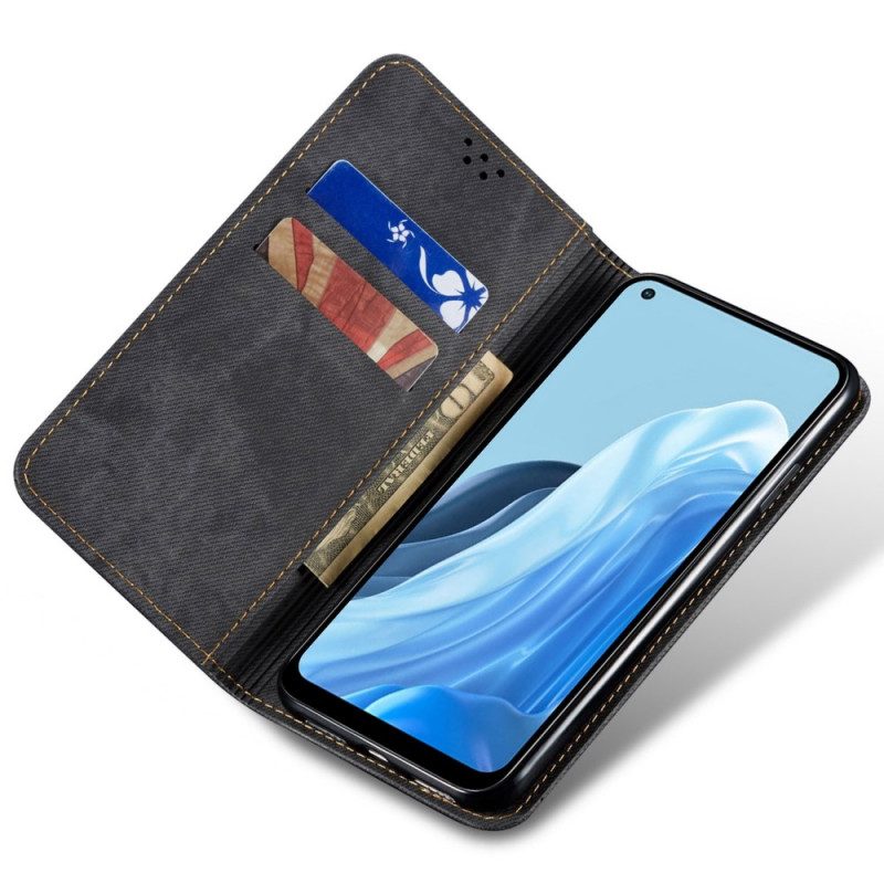 Folio Cover Oppo Reno 7 Custodia in pelle Tessuto Denim