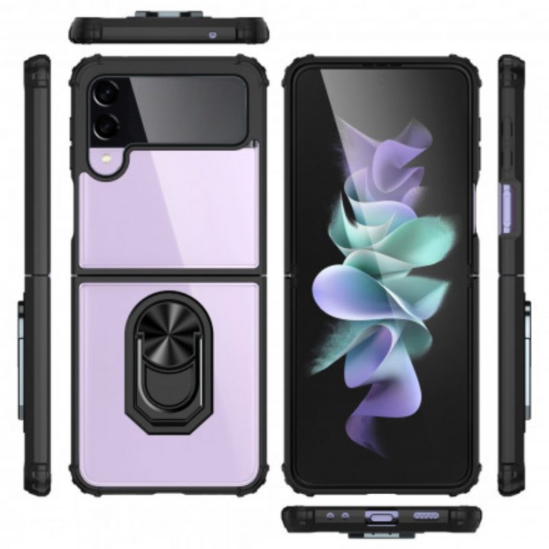 Folio Cover Samsung Galaxy Z Flip 3 5G Custodia in pelle Anello In Metallo Trasparente