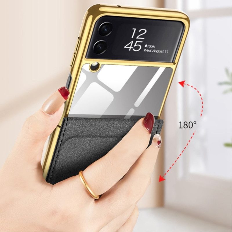 Folio Cover Samsung Galaxy Z Flip 3 5G Custodia in pelle Effetto Specchio E Supporto In Carbonio