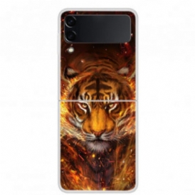 Folio Cover Samsung Galaxy Z Flip 3 5G Custodia in pelle Tigre Di Fuoco