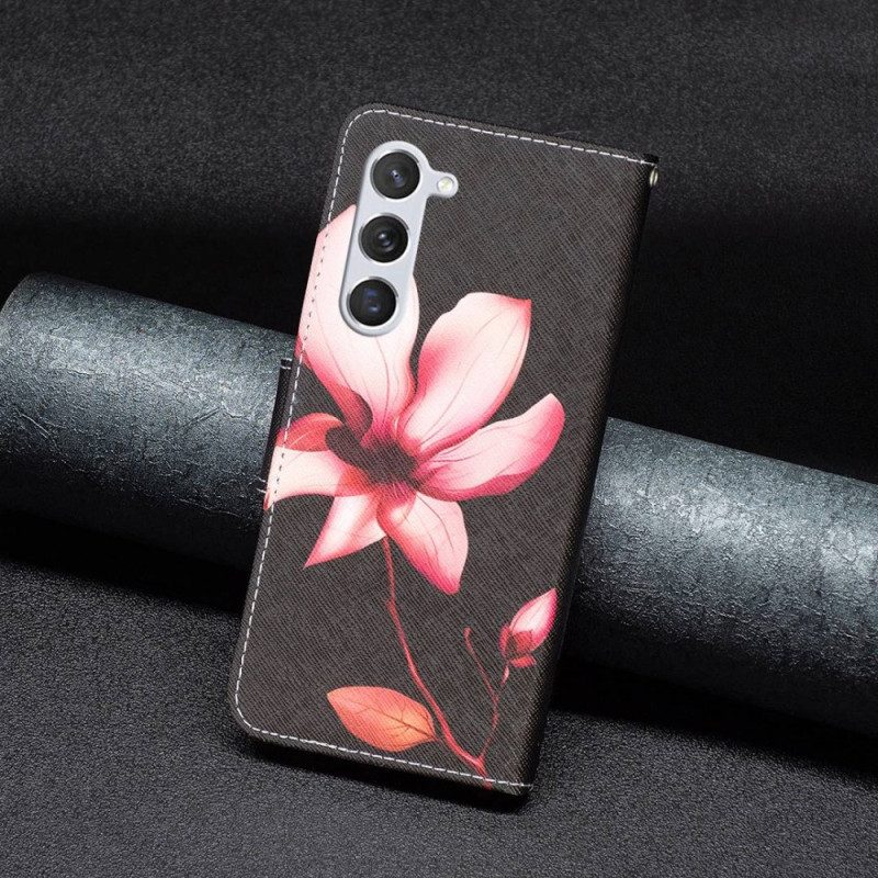Custodia in pelle Samsung Galaxy S23 5G Fiore Su Sfondo Nero
