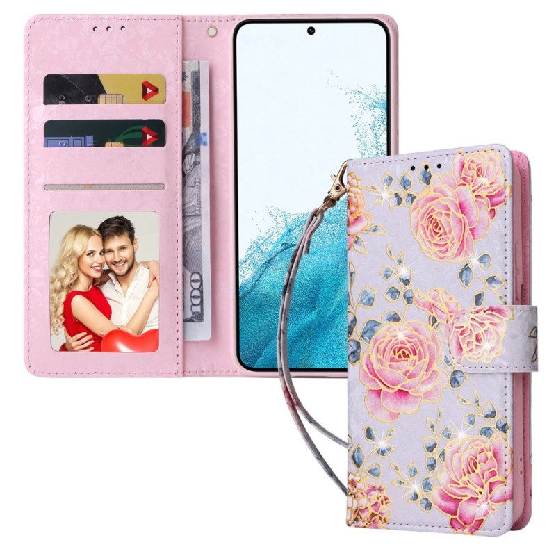 Custodia in pelle Samsung Galaxy S23 5G Fiori Rfid Con Cordino