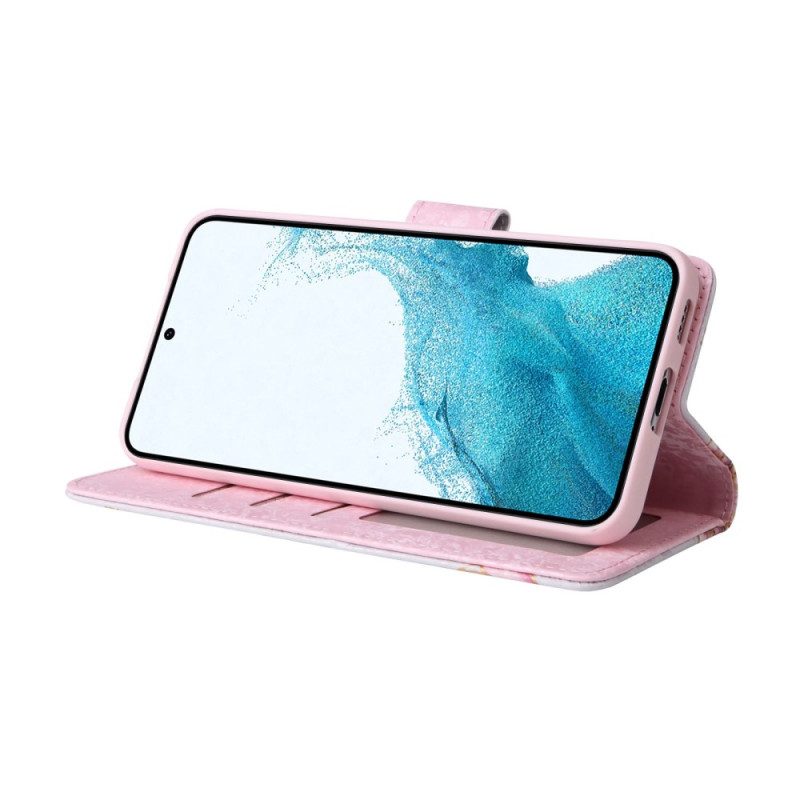 Custodia in pelle Samsung Galaxy S23 5G Fiori Rfid Con Cordino