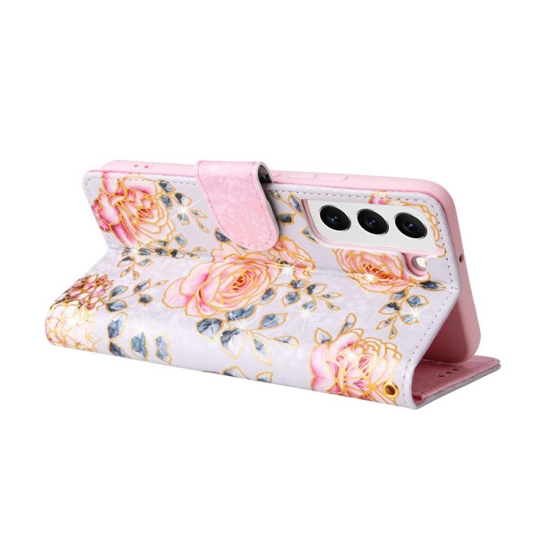 Custodia in pelle Samsung Galaxy S23 5G Fiori Rfid Con Cordino