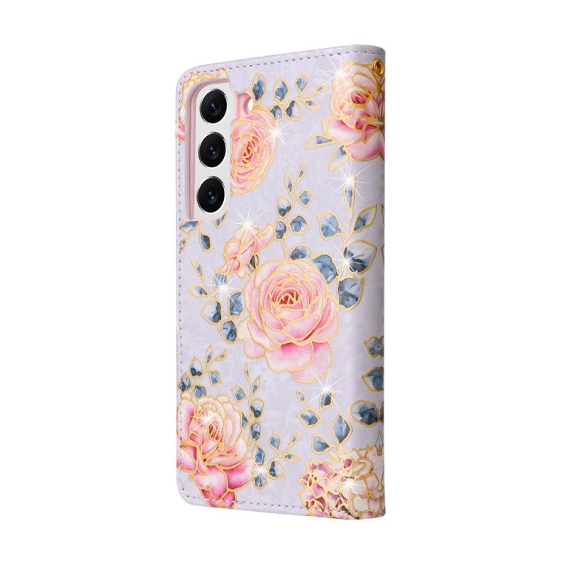 Custodia in pelle Samsung Galaxy S23 5G Fiori Rfid Con Cordino