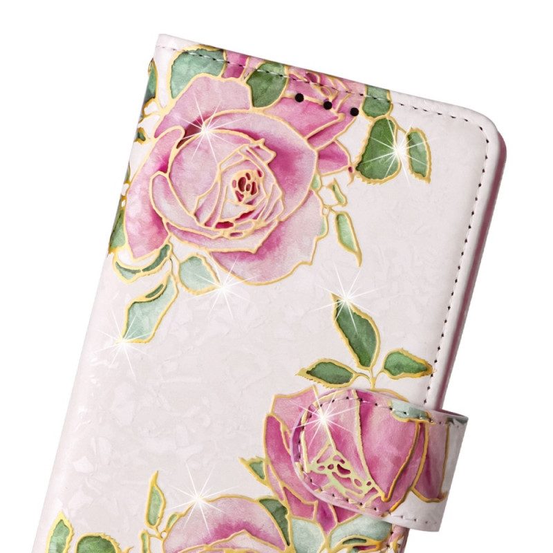 Custodia in pelle Samsung Galaxy S23 5G Fiori Rfid Con Cordino