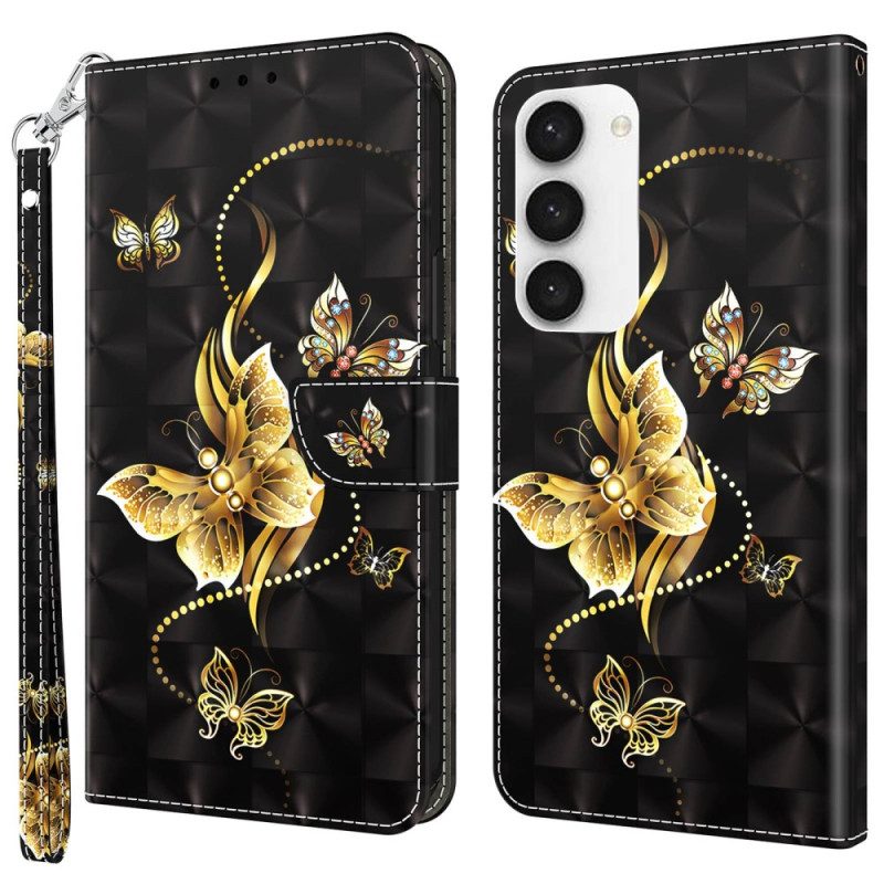 Folio Cover Samsung Galaxy S23 5G Cinturino In Oro Con Farfalle