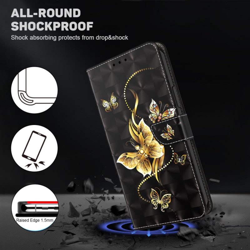 Folio Cover Samsung Galaxy S23 5G Cinturino In Oro Con Farfalle