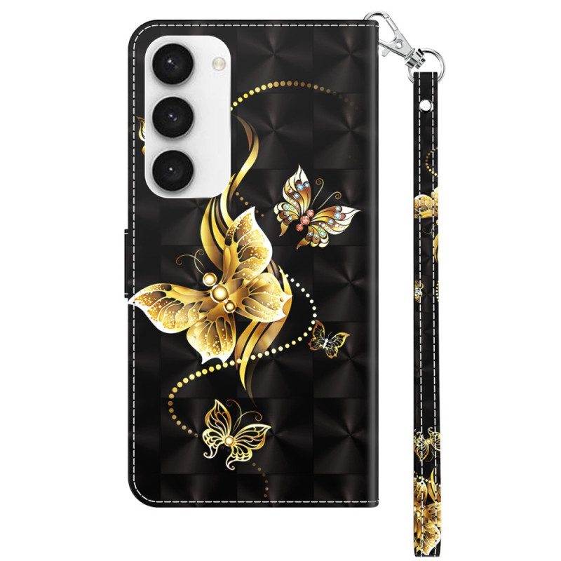 Folio Cover Samsung Galaxy S23 5G Cinturino In Oro Con Farfalle