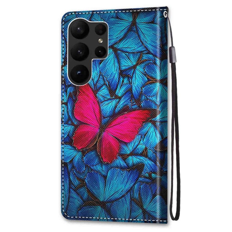 Custodia in pelle Samsung Galaxy S23 Ultra 5G Farfalla Rossa Sfondo Blu