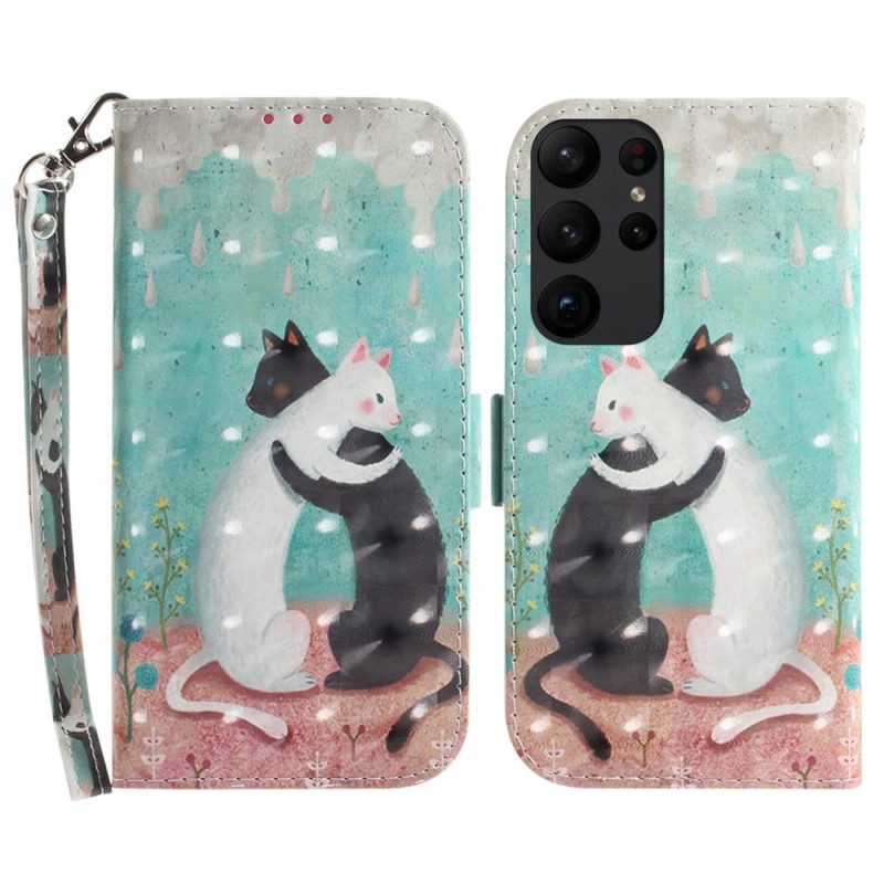 Custodia in pelle Samsung Galaxy S23 Ultra 5G Gatto Bianco Gatto Nero Con Cinturino