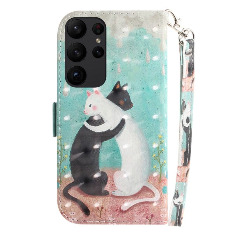 Custodia in pelle Samsung Galaxy S23 Ultra 5G Gatto Bianco Gatto Nero Con Cinturino