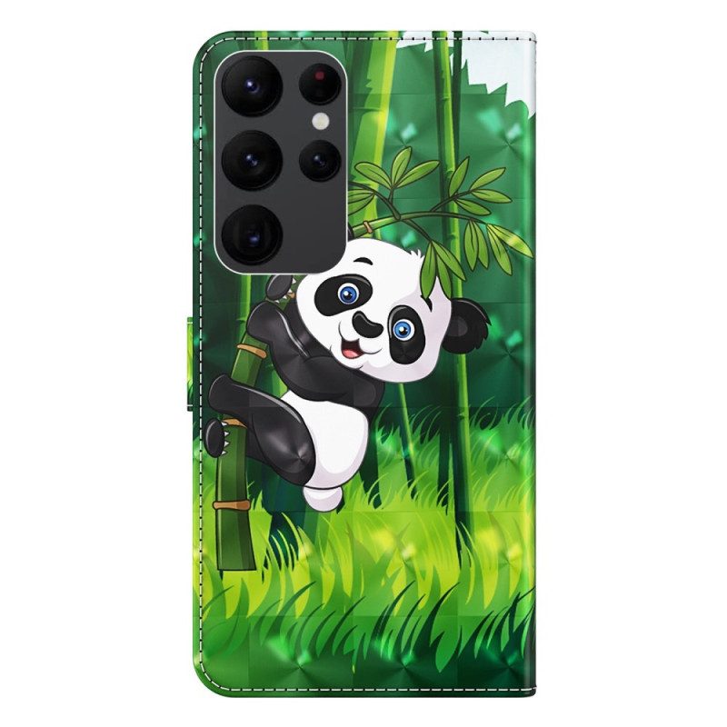Custodia in pelle Samsung Galaxy S23 Ultra 5G Panda Di Bambù Con Cordino