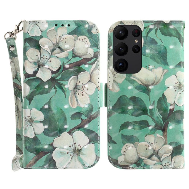 Folio Cover Samsung Galaxy S23 Ultra 5G Fiori Bianchi Strappy