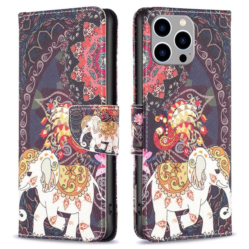 Custodia A Portafoglio iPhone 14 Pro Max Elefante Indiano
