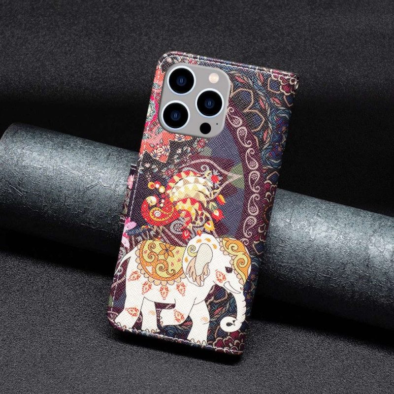 Custodia A Portafoglio iPhone 14 Pro Max Elefante Indiano