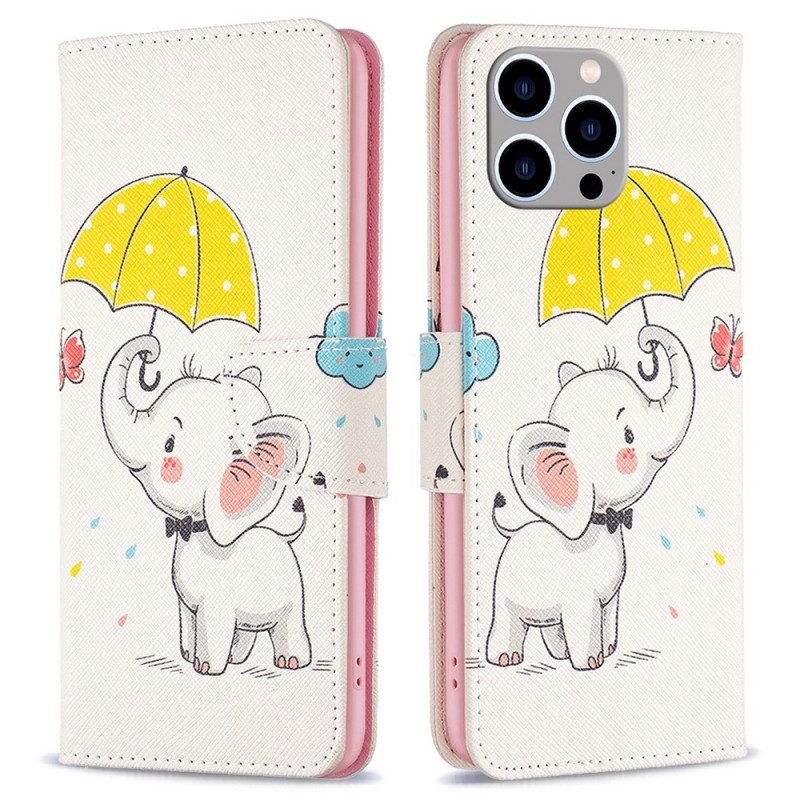 Custodia in pelle iPhone 14 Pro Max Elefante Sotto La Pioggia