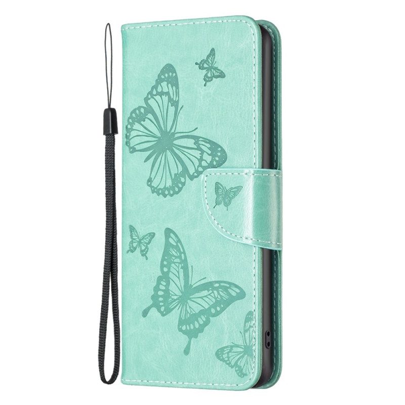 Custodia in pelle iPhone 14 Pro Max Farfalle Stampate Strappy